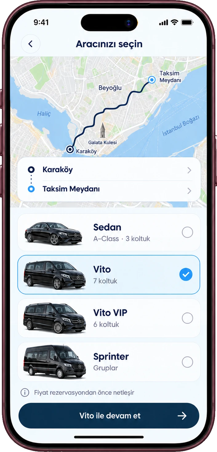 Vgo uygulaması: varış noktası ve araç seçimi